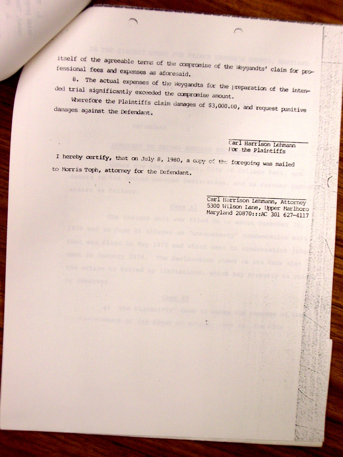 Memorandum from Jack Callahan to Leon Shore, enclosing a letter from Mr. Morris Topf giving the status of the Weygandt suit