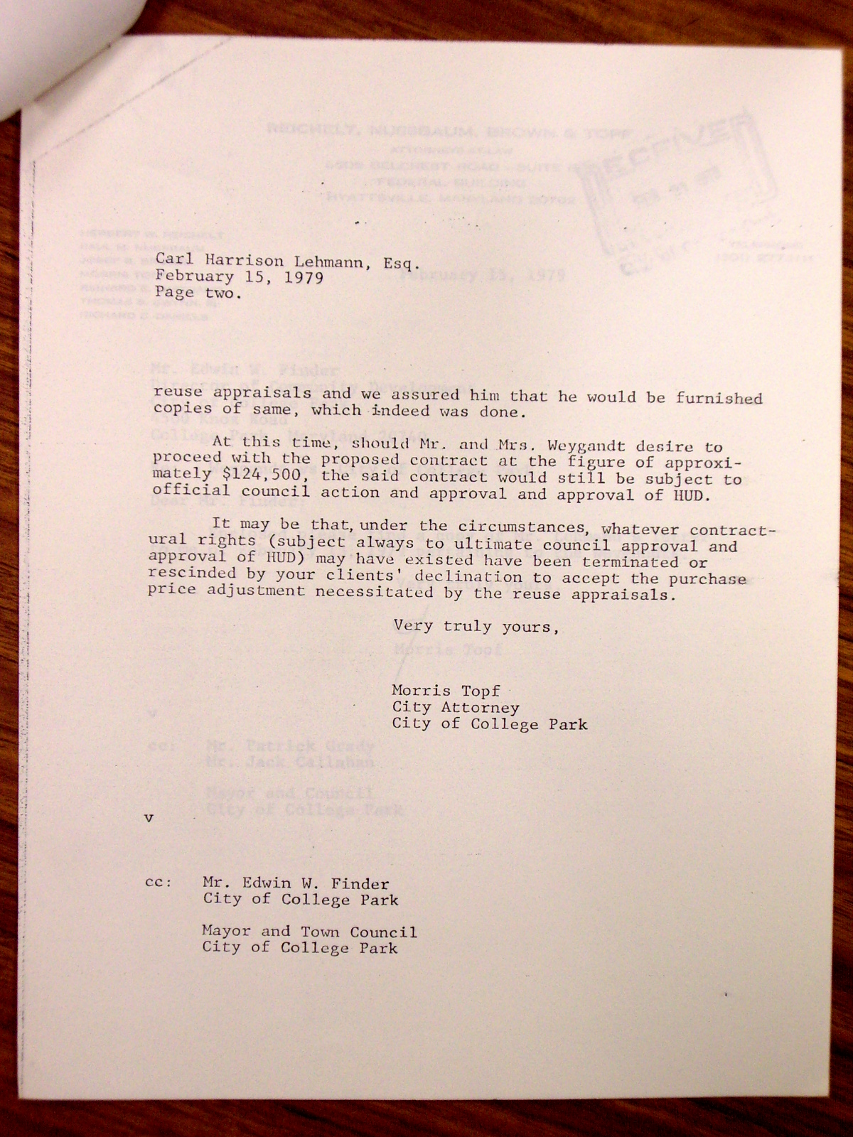 Letter from Morris Topf to Carl Harrison Lehmann, attached to a memo from Topf to Edwin Finder, enclosing an original letter from Lehmann to Topf