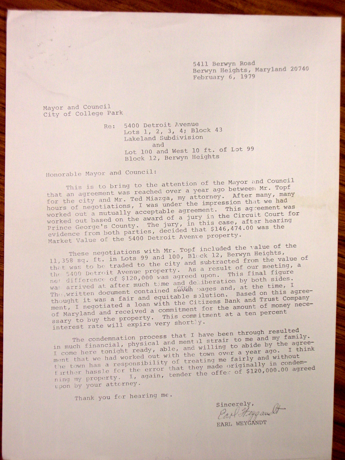 Letter from Earl Weygandt