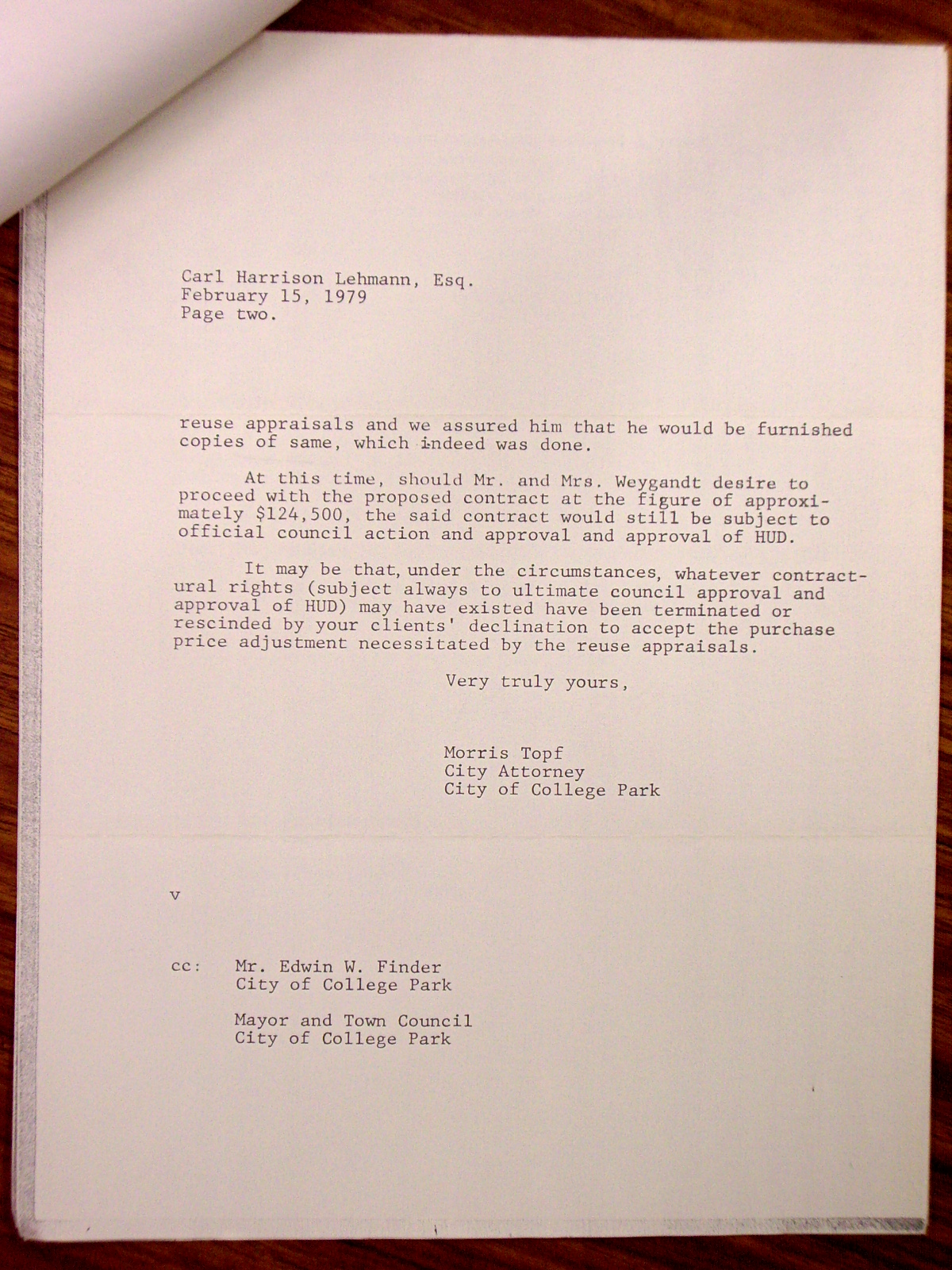 Letter from Morris Topf to Carl Harrison Lehmann, attached to a memo from Topf to Edwin Finder, enclosing an original letter from Lehmann to Topf