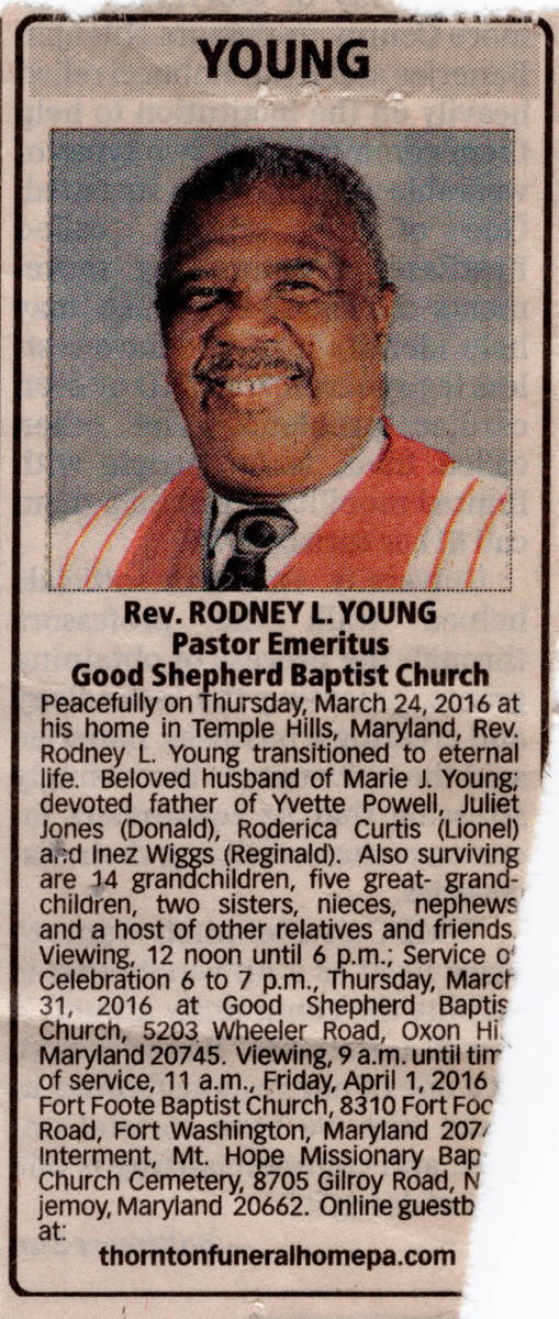 Newspaper Obituary for Rev. Rodney L. Young