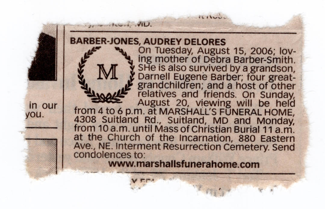 Newspaper Obituary for Audrey Delores Barber-Jones