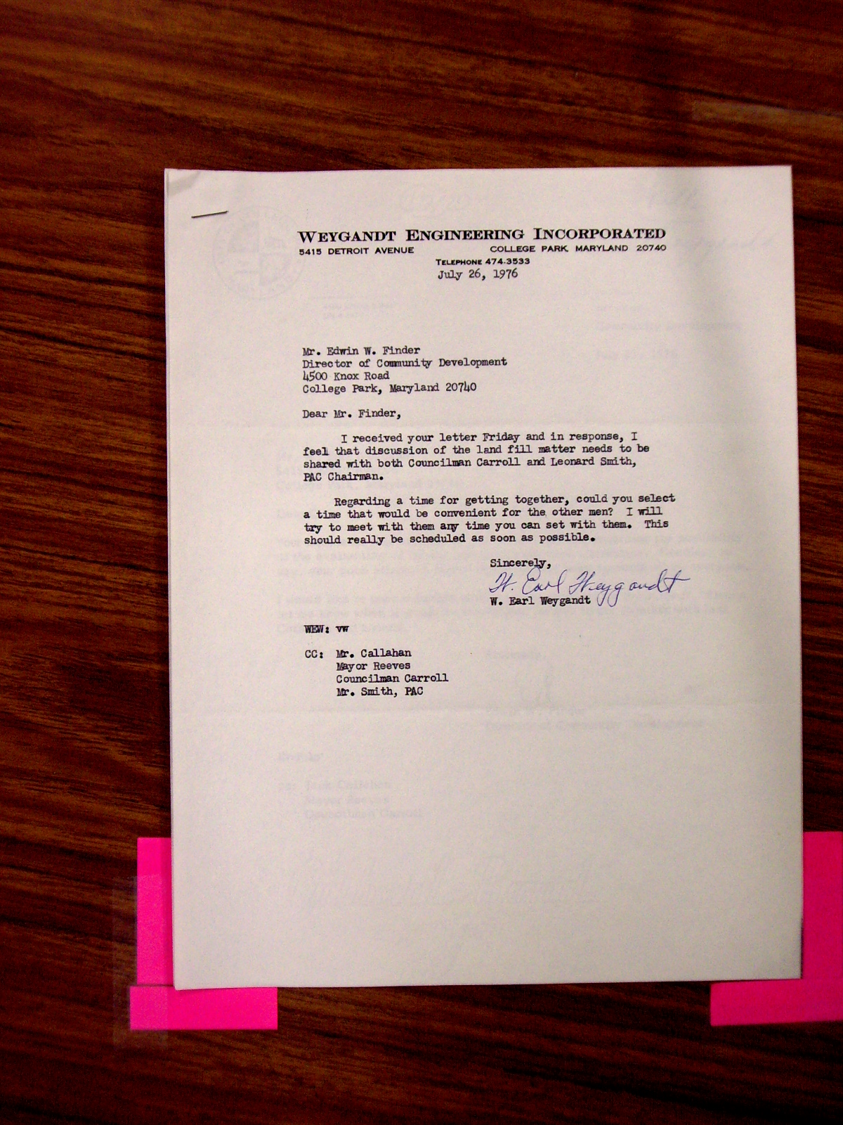 Letter from W. Earl Weygandt to Edwin Finder, City Director of Community Development