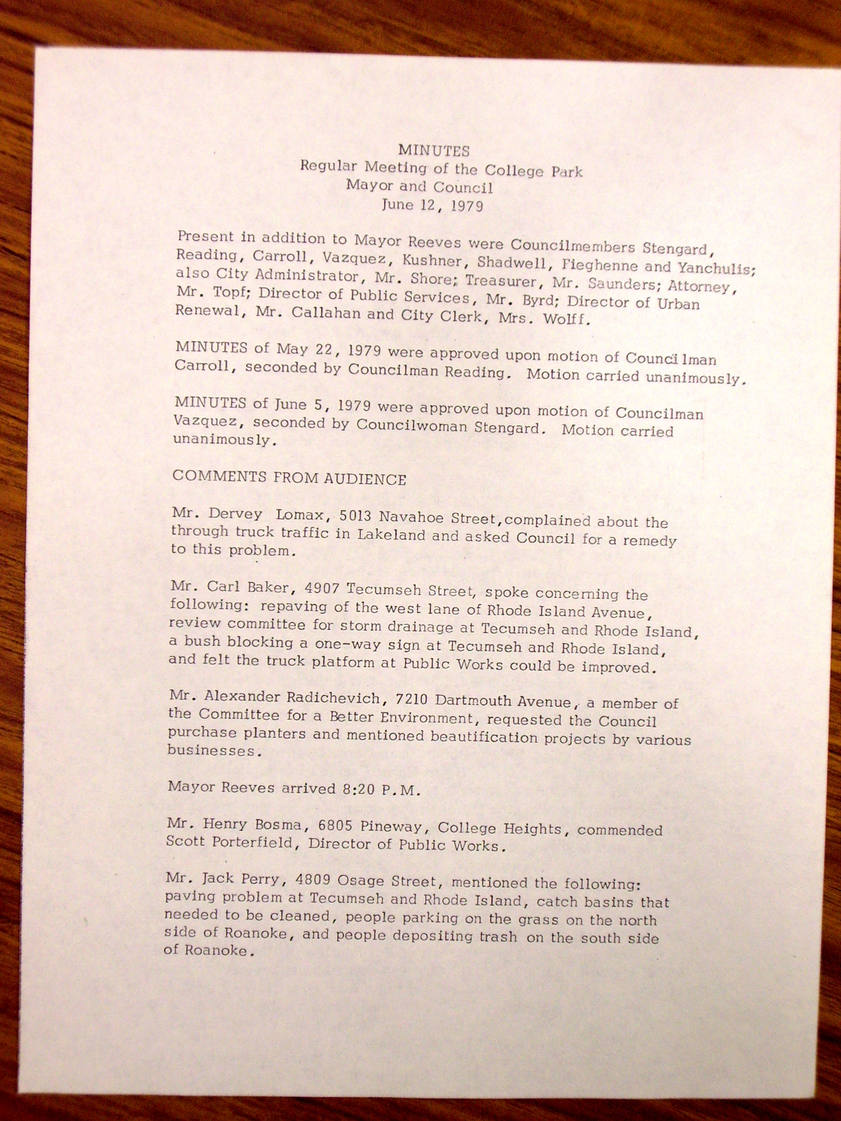 Minutes, Regular Meeting of the College Park Mayor and Council June 12, 1979