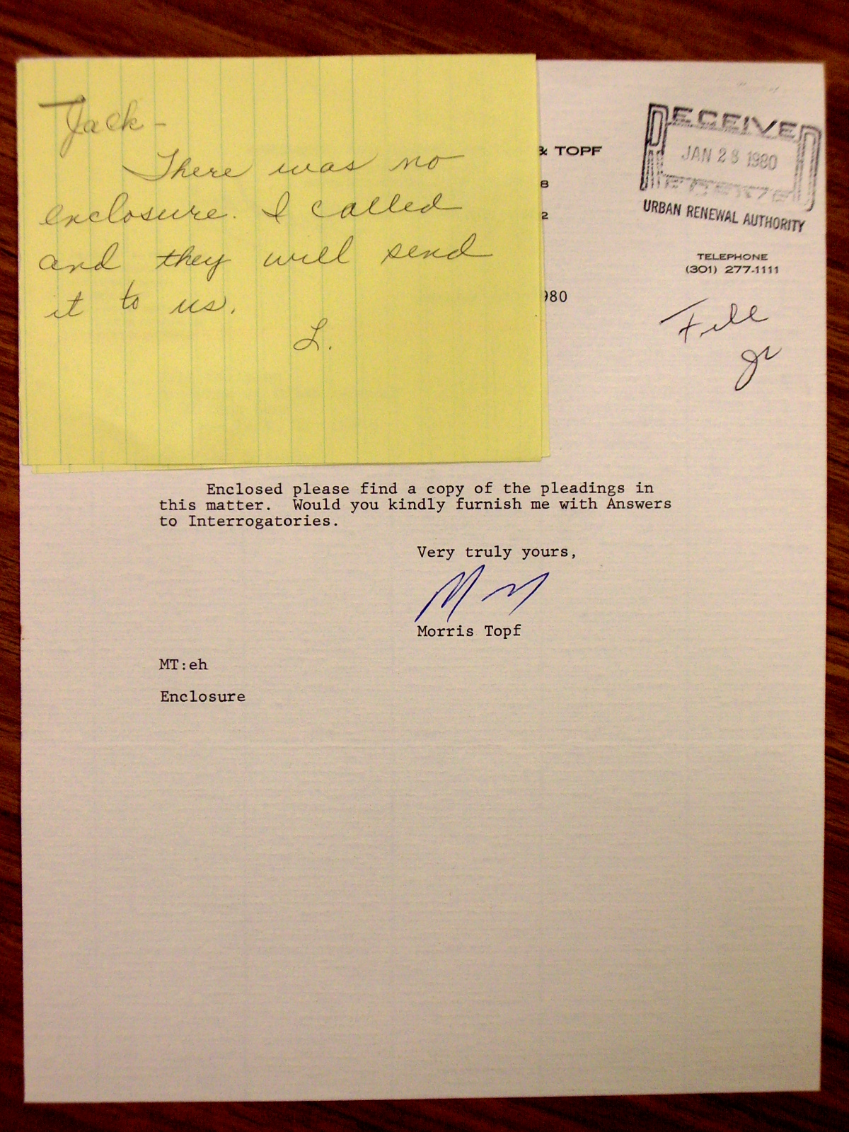 Letter to Jack Callahan from Morris Topf with Hand written note about lack of enclosure