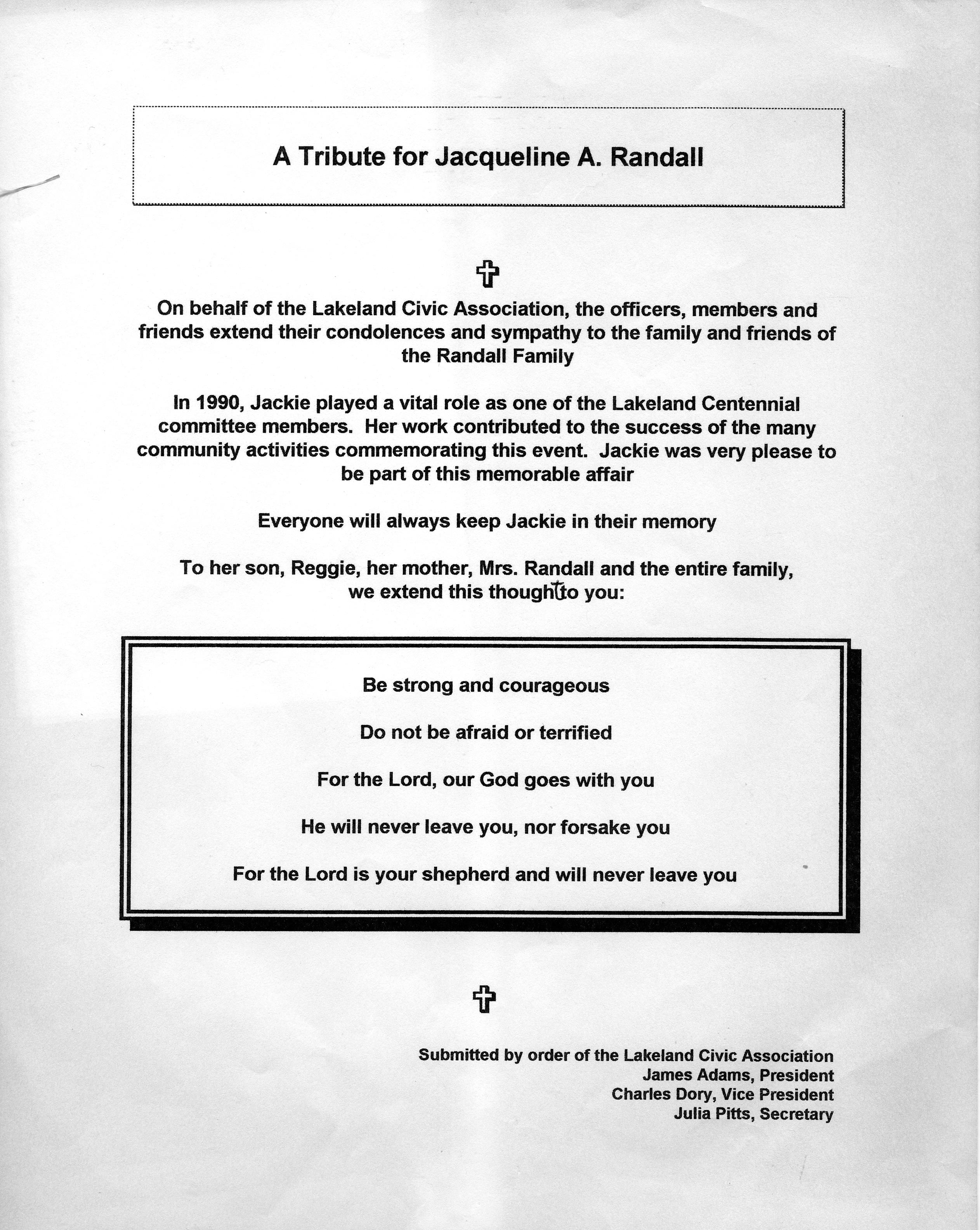 Tribute to Jacqueline A. Randall