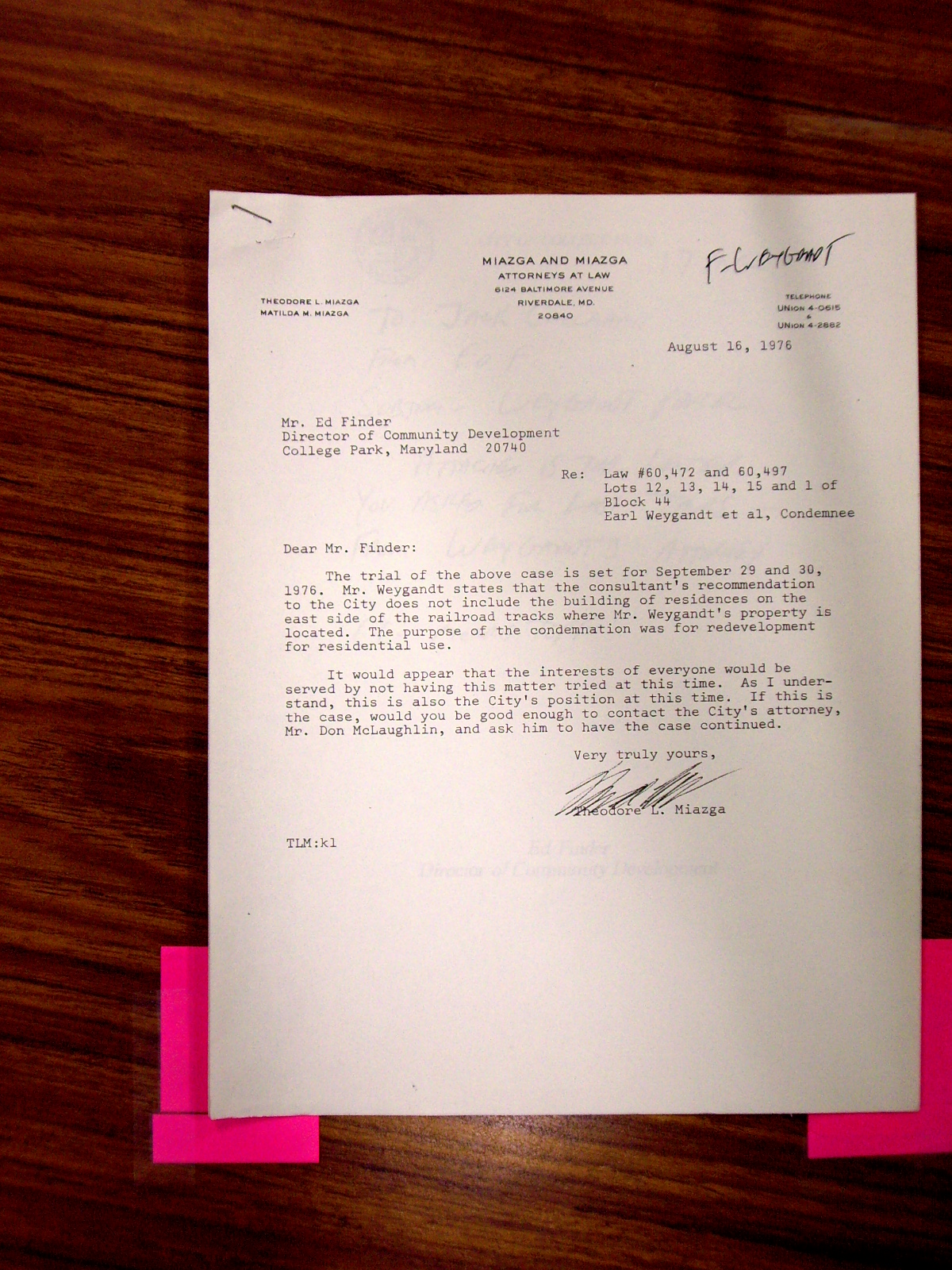 Letter from Theodore Miazga to Ed Finder requesting trial continuance for Weygandt case