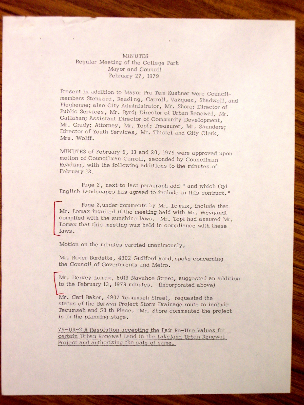 Minutes, Regular Meeting of the College Park Mayor and Council, February 27, 1979