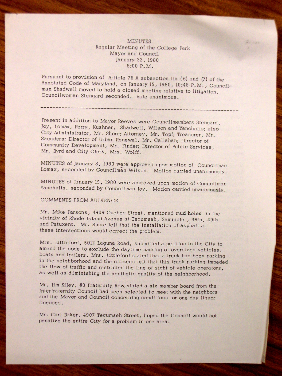 Minutes, Regular Meeting of the College Park Mayor and Council, January 22 1980