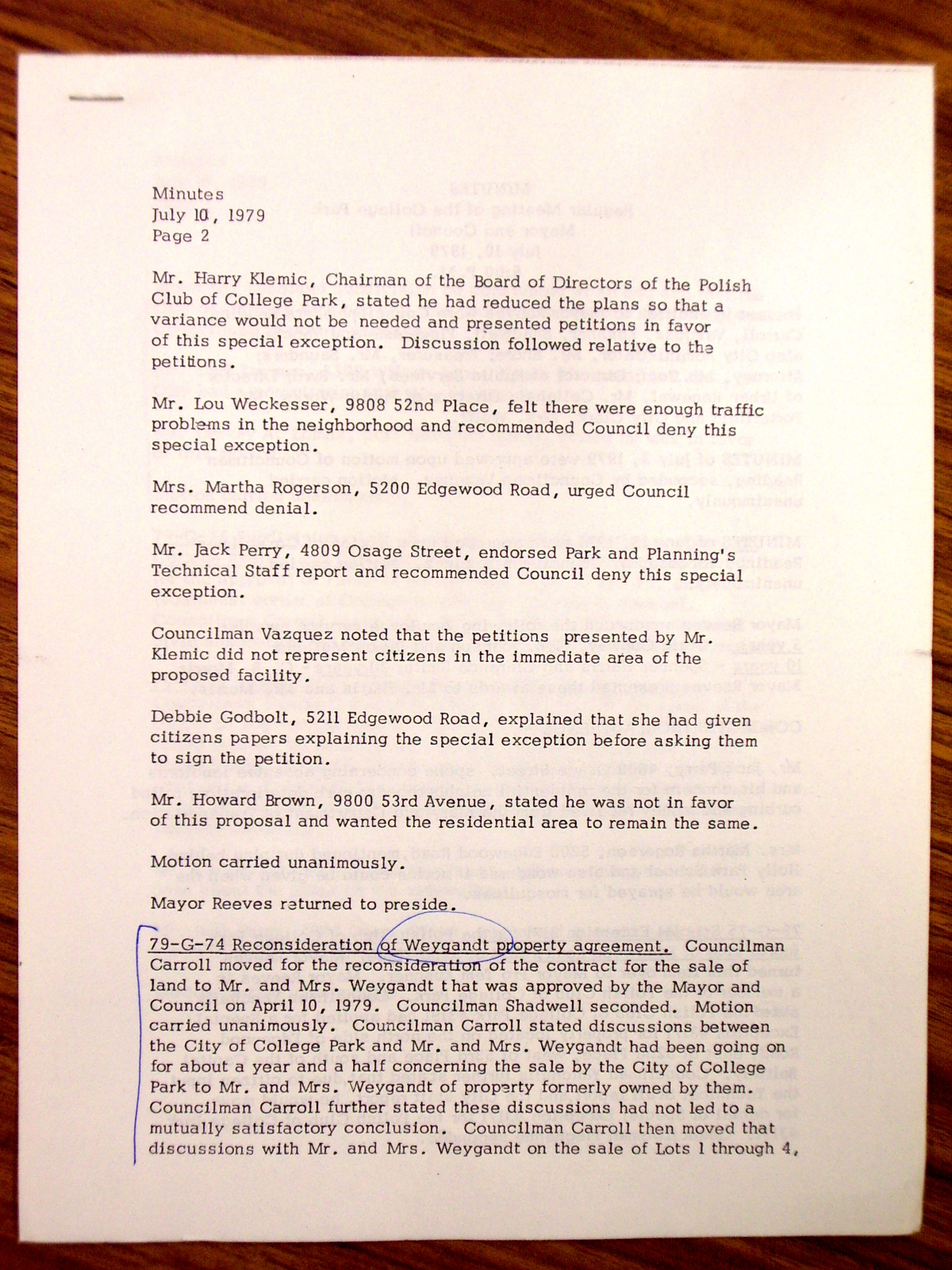 Minutes, Regular Meeting of the College Park Mayor and Council, July 10, 1979