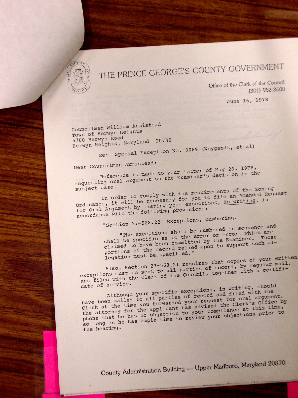 Letter from Prince Georges County Council to Berwyn Heights mayor, enclosing letter to council member William Armistead