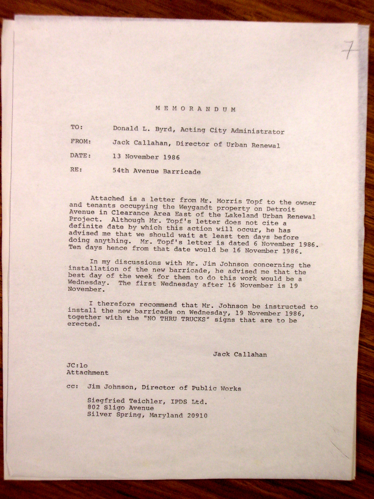 Memorandum to Donald Byrd from Jack Callahan 