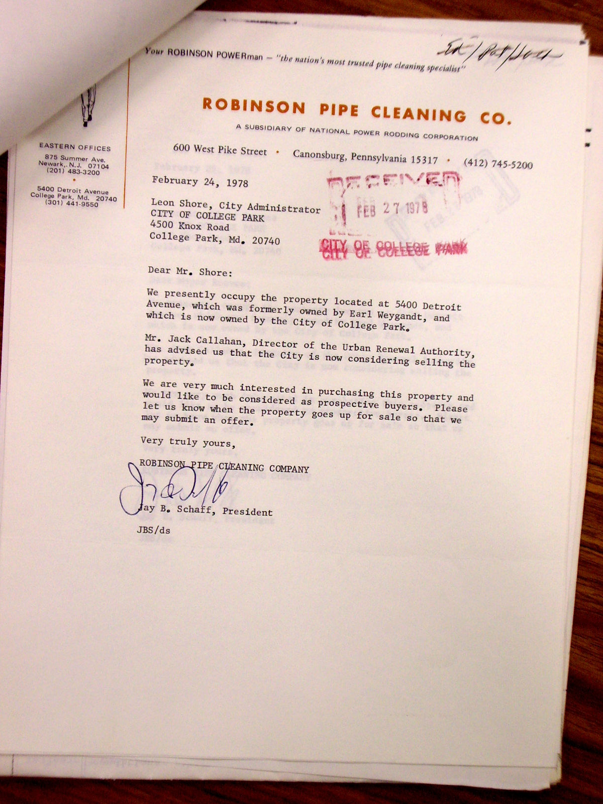 Hand written note from Miriam Wolff, with reply comment from Morris Topf to ignore Callahan letter; enclosing a letter to Mayor Reeves from Robinson Pipe Cleaning