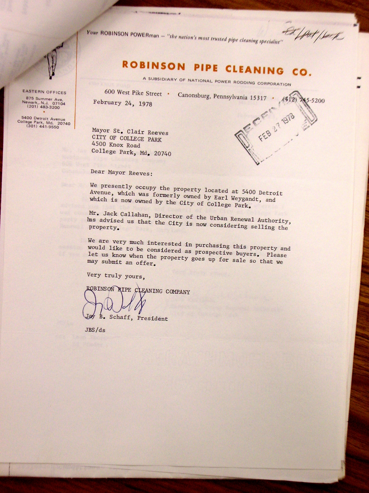 Letter to Mayor Reeves from Robinson Pipe Cleaning Co., enclosing a reply letter to Robinson Cleaning from Jack Callahan