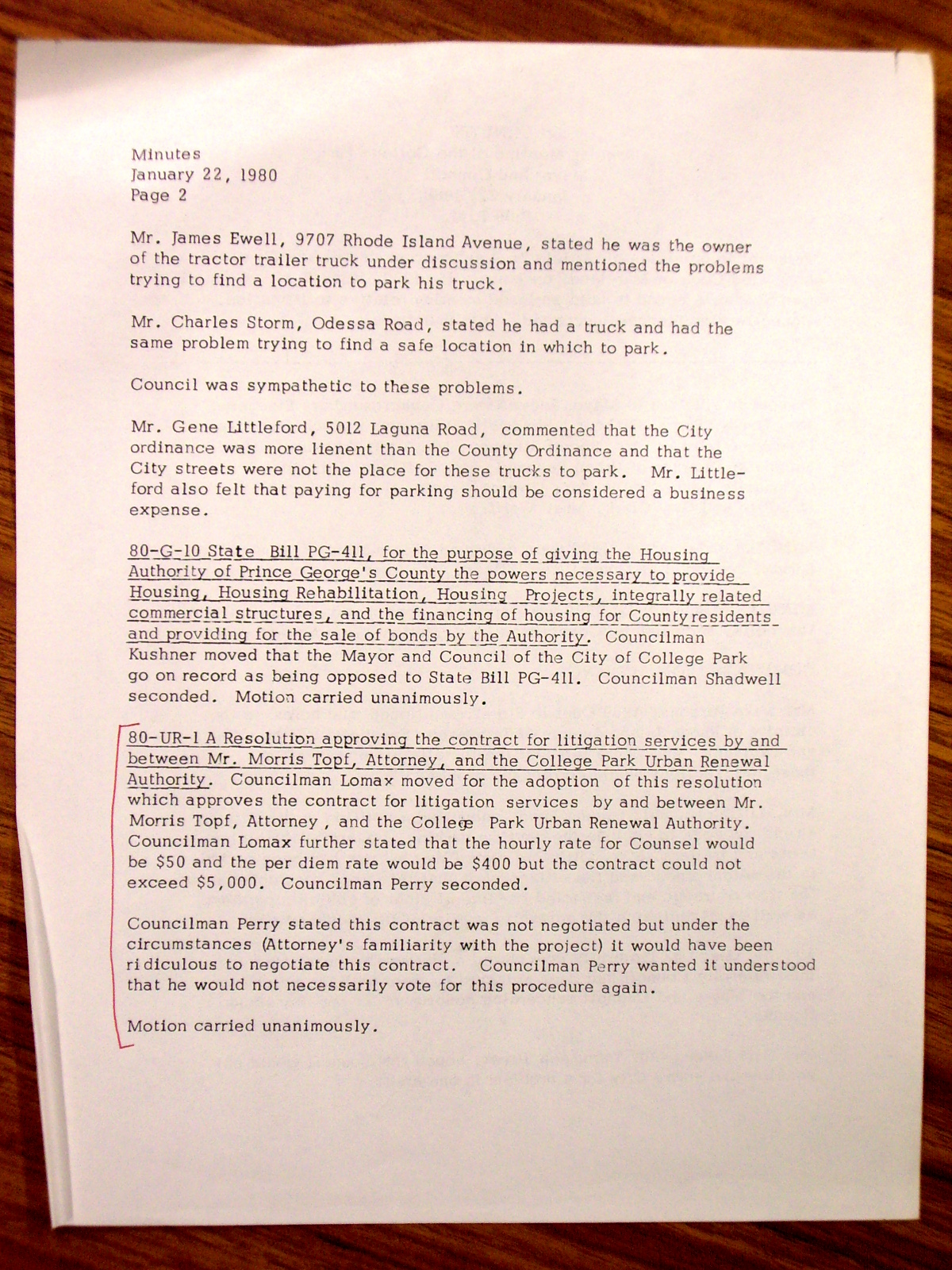 Minutes, Regular Meeting of the College Park Mayor and Council, January 22 1980