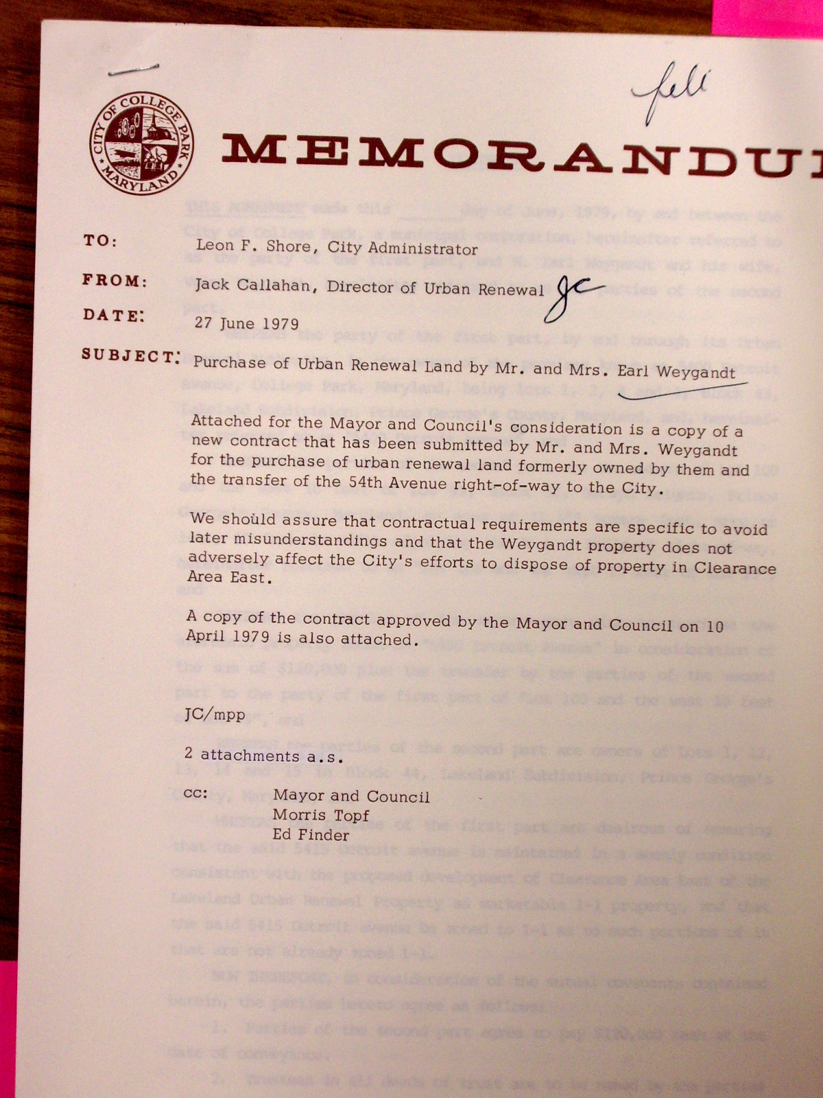 Memorandum to Leon Shore. from Jack Callahan with attachments
