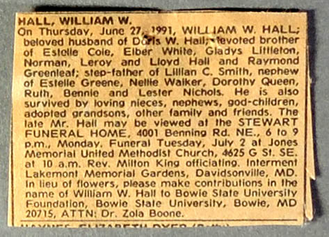 Newspaper obituary for Willliam W. Hall
