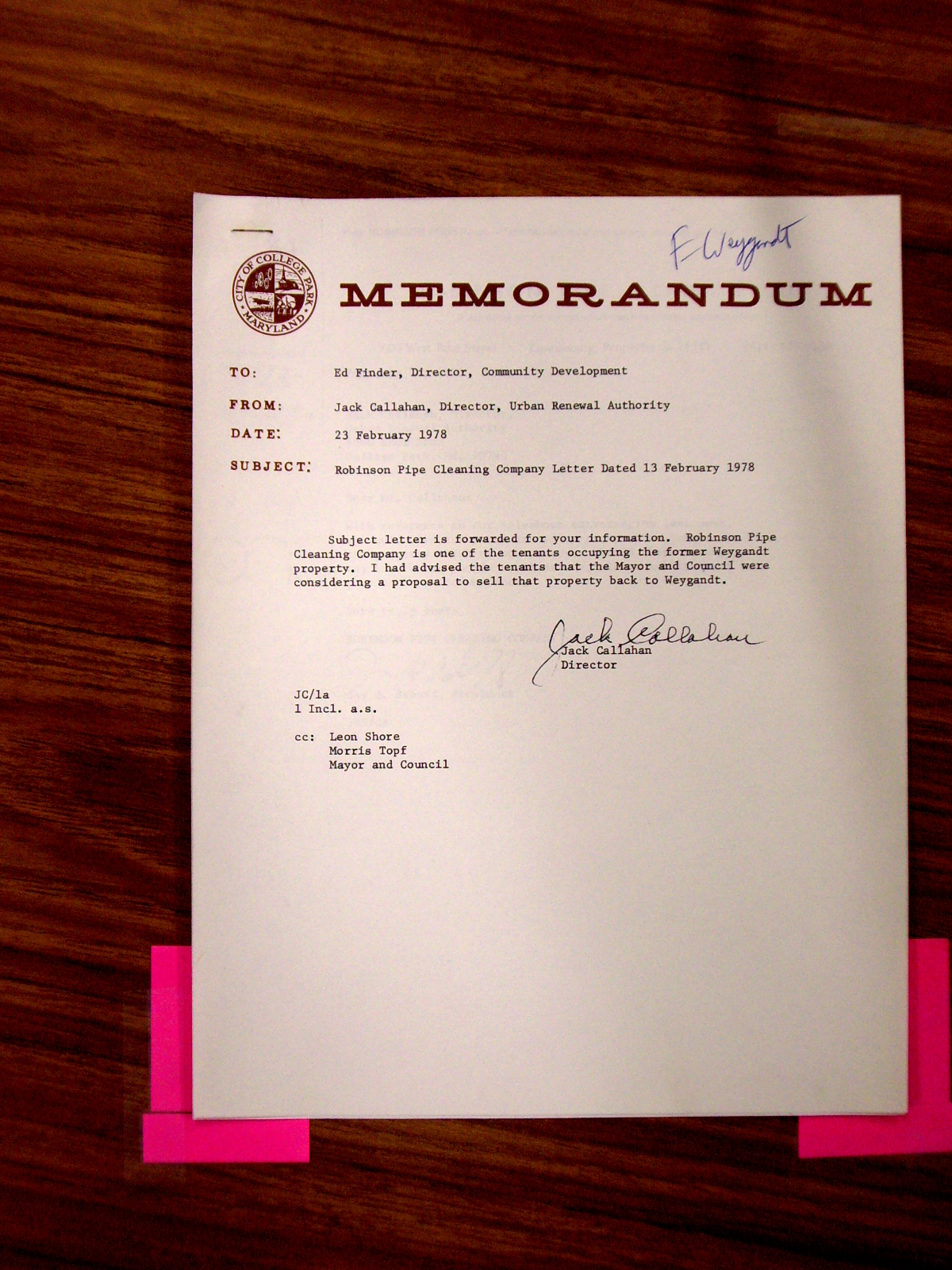 Memorandum from Jack Callahan to Ed Finder enclosing letter from Robinson Pipe Cleaning