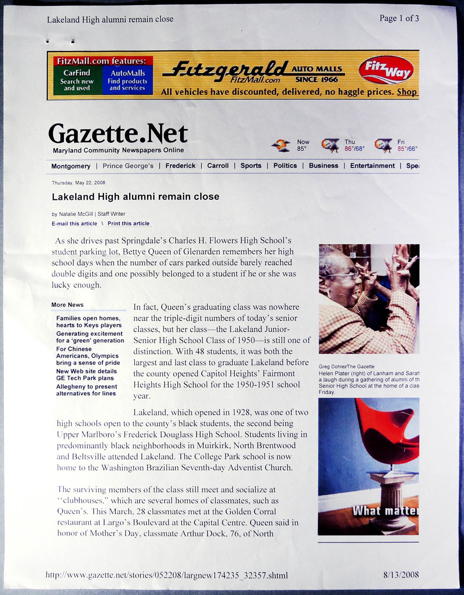 College Park Gazette (online) article 5/22/08 "Lakeland High Alumni Stay Close'