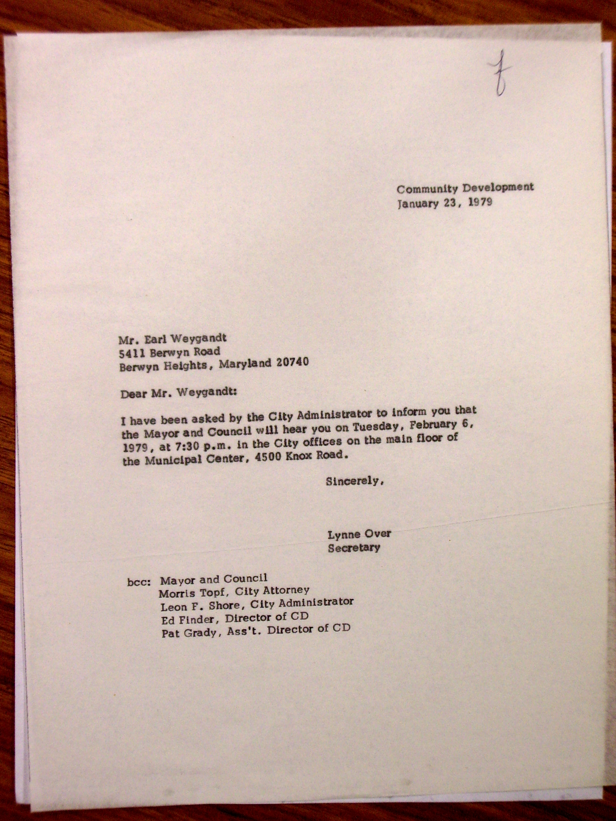 Letter to Earl Weygandt from Lynne Over