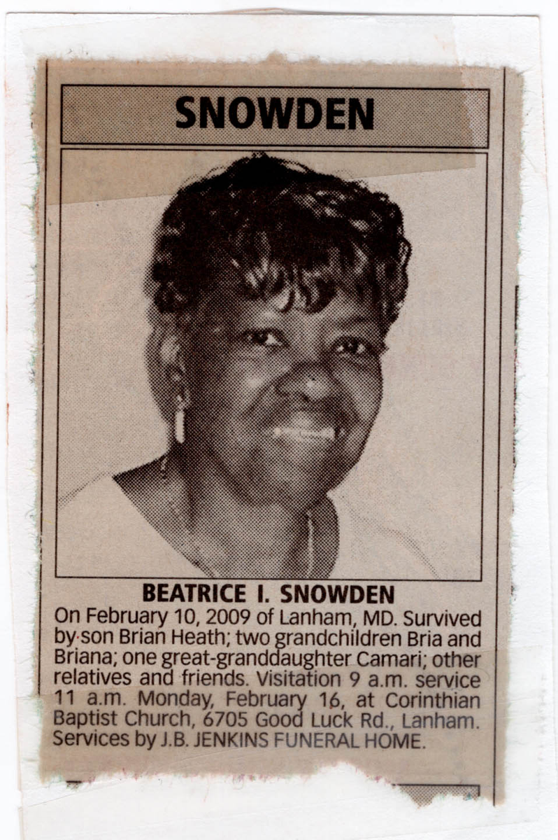 Newspaper Obituary for Beatrice Inez Snowden