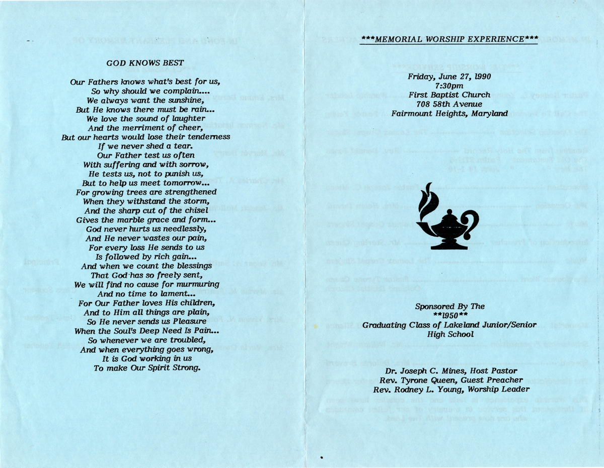 Announcement for Memorial Worship Service at First Baptist Church of Glenarden June 27 1990. 