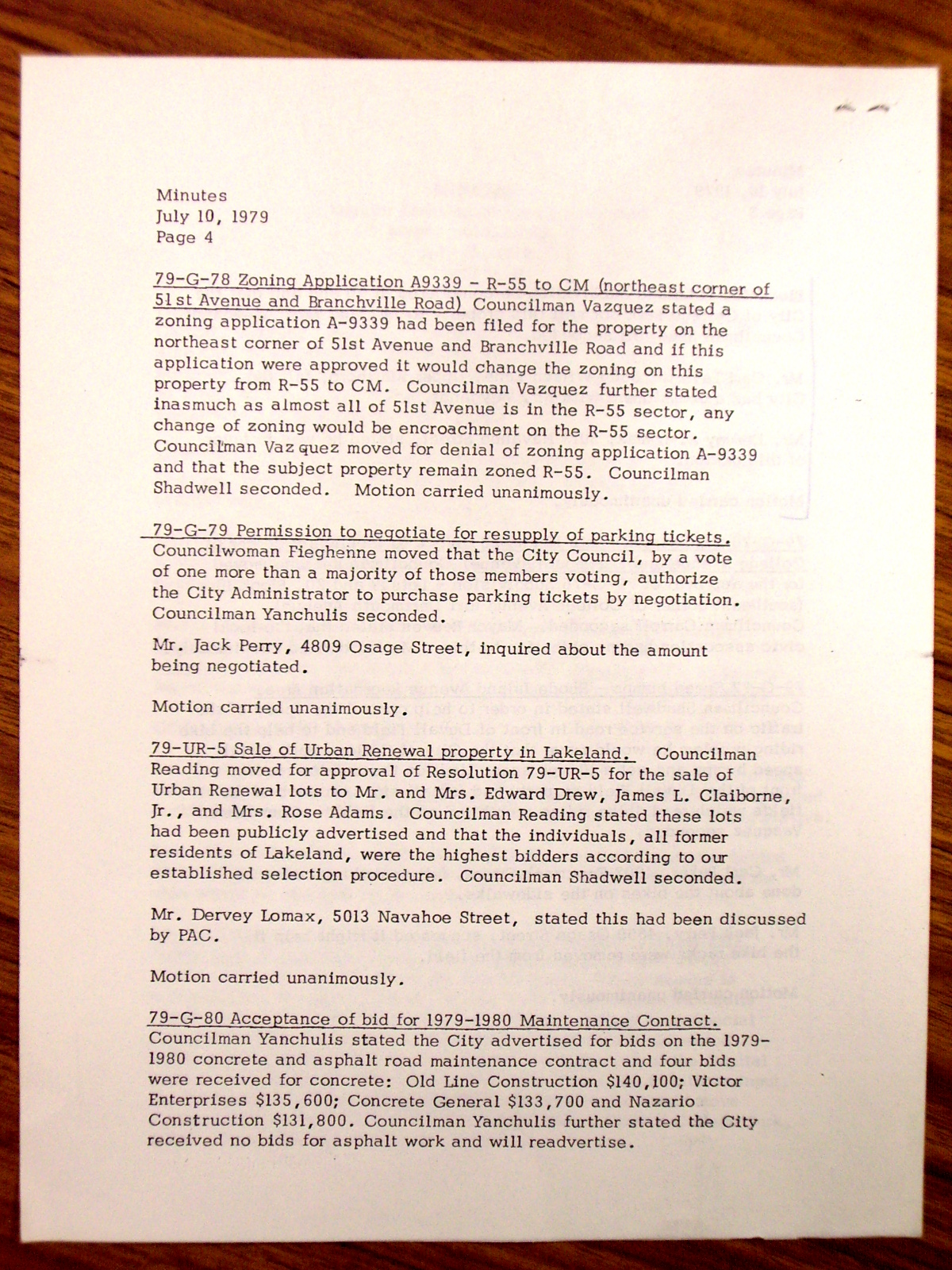 Minutes, Regular Meeting of the College Park Mayor and Council, July 10, 1979