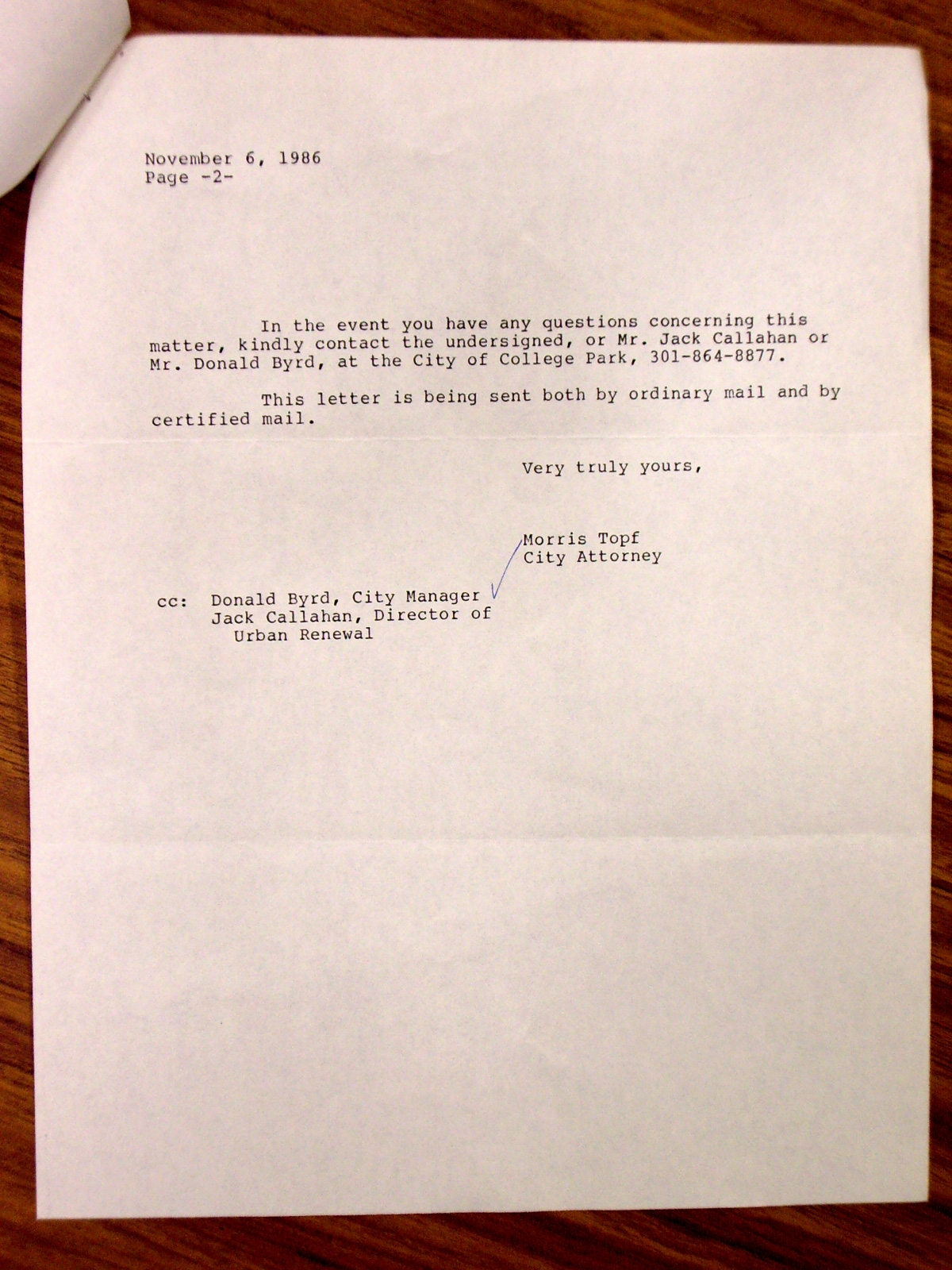 Letter from Morris Topf to Washington City Church of the Brethren, W. Earl Weygandt and Metrix Excavating, Inc