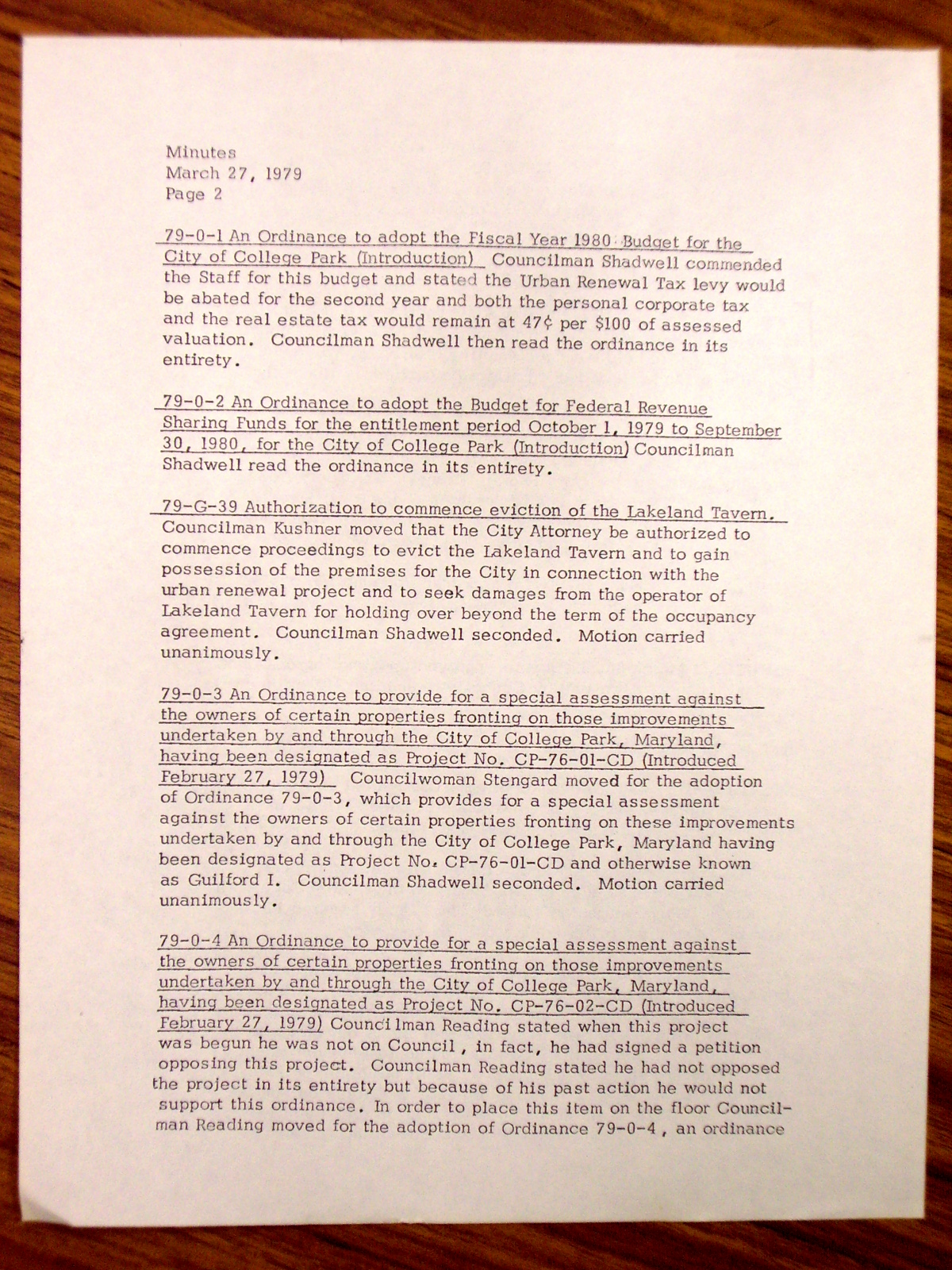 College Park City Council Minutes March 27, 1979