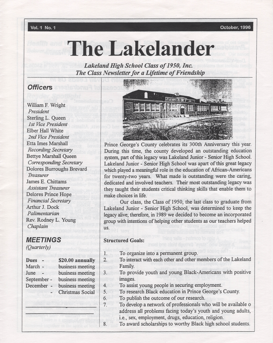 Newsletter entitled "The Lakelander", October 1996, Volume 1, No. 1
