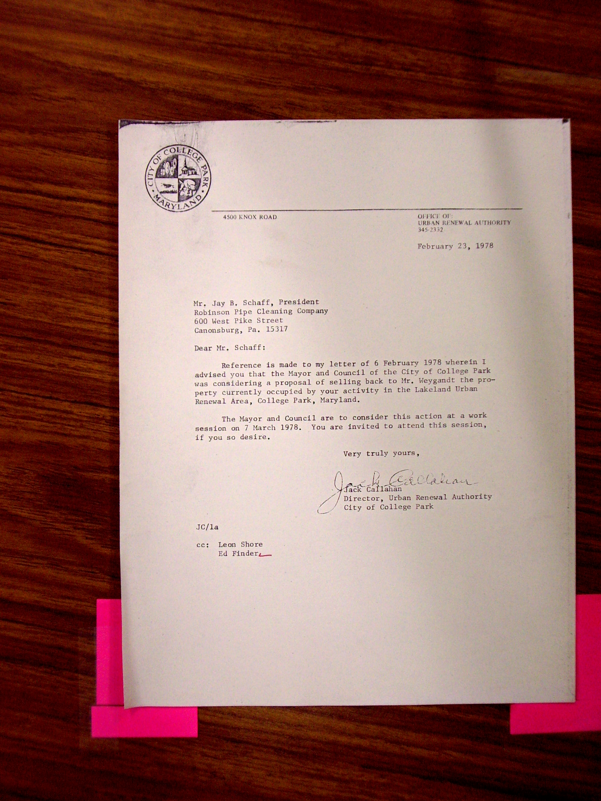 Letter from Jack Callahan to Jay Schaff, Robinson Pipe Cleaning