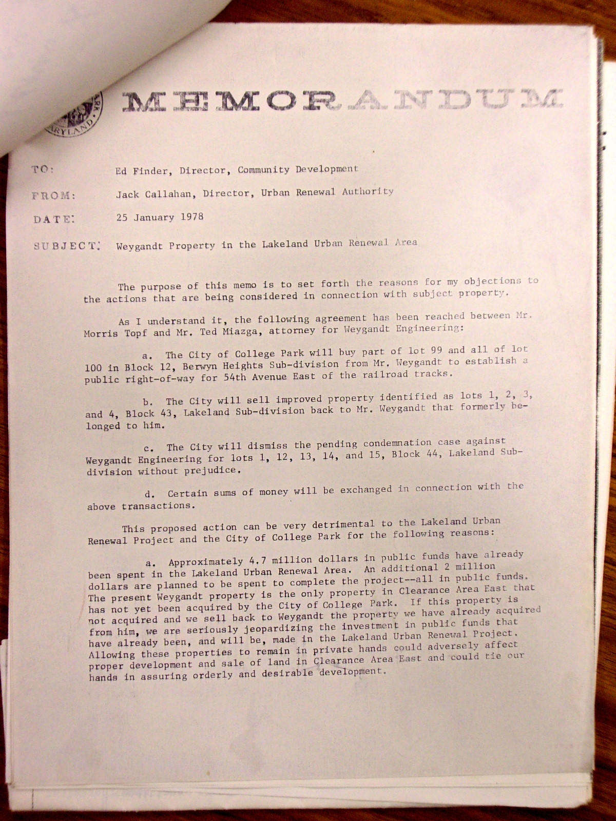 Memo enclosing a letter from Jack Callahan to Ed Finder expressing objections to Weygandt Property non-acquisition