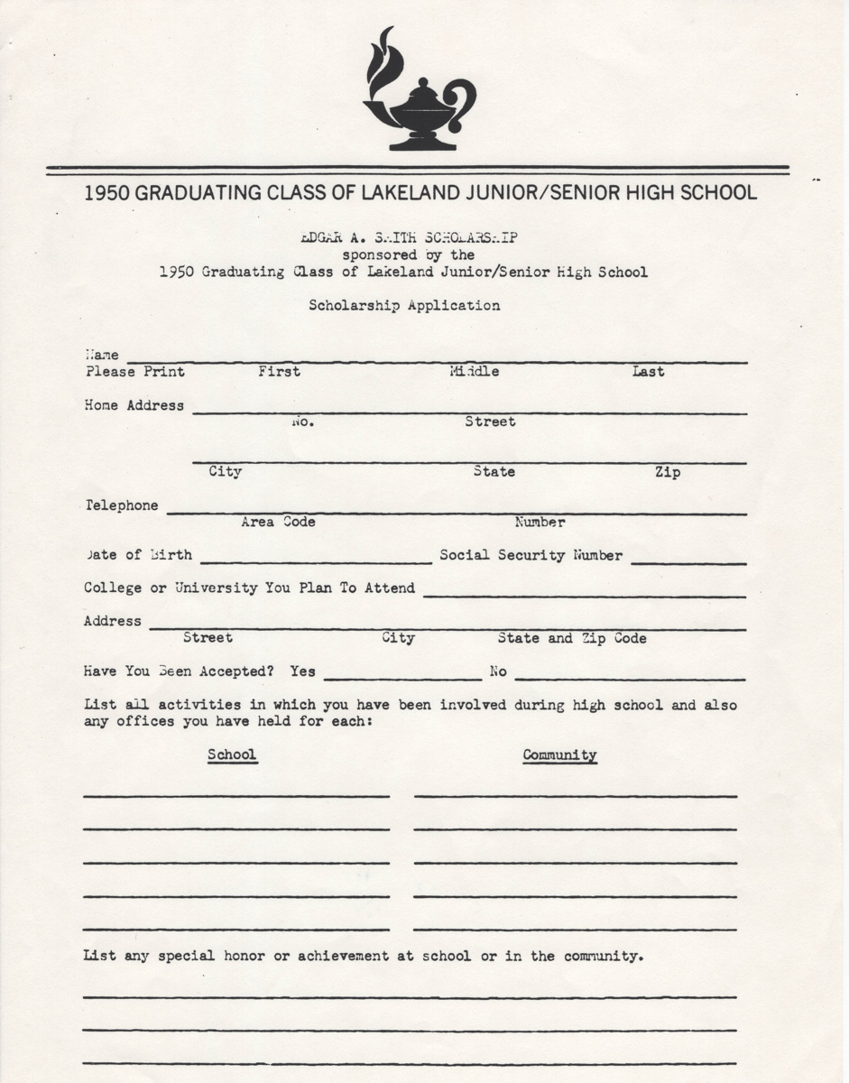 Edgar A. Smith Scholarship Application sponsored by the 1950 graduating class of Lakeland High School