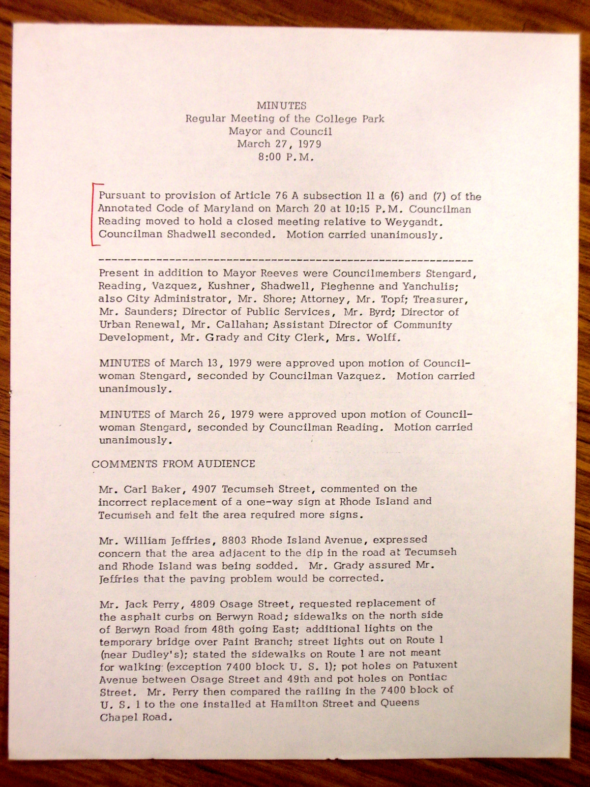 College Park City Council Minutes March 27, 1979