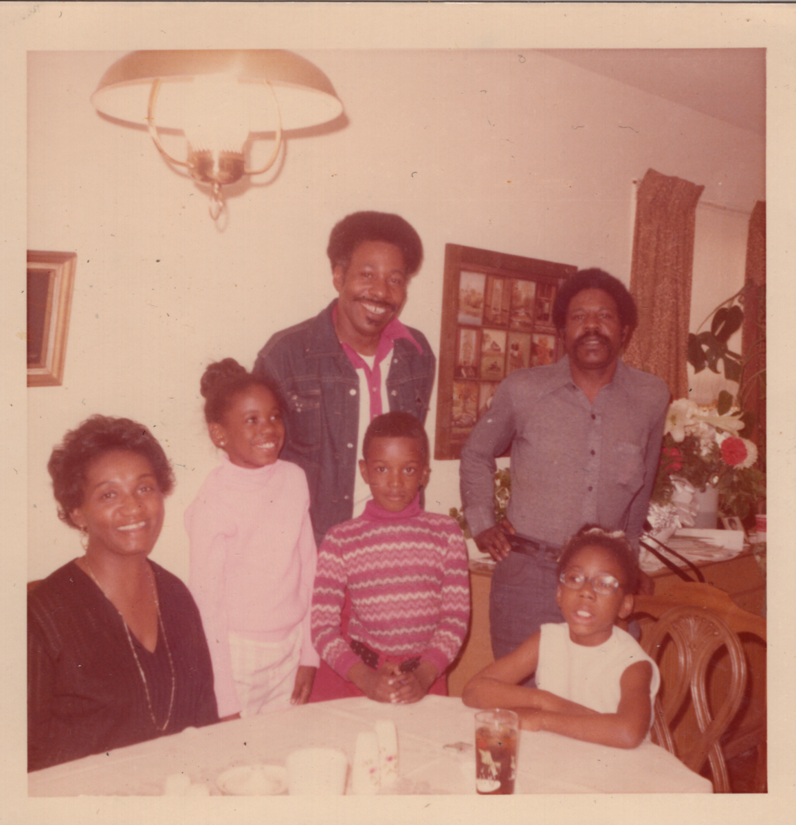 Family photo of (bottom row left to right) sister Louise, Louise's daughter Jennifer, Randolph Jr (Randy), Osceola,(top row left to right) donor's brother James Haliburton, donor's brother Vincent. Taken around 1974.