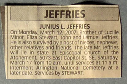 Newspaper obituary for Junius Jeffries
