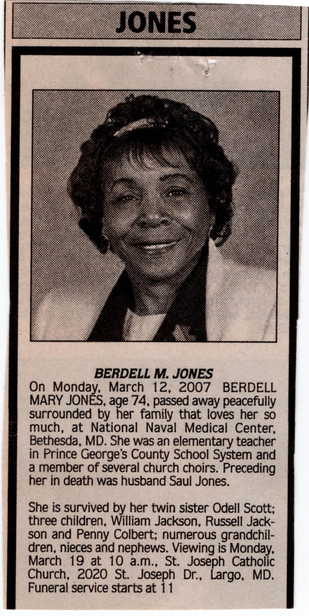 Newspaper Obituary for Berdell Mary Jones