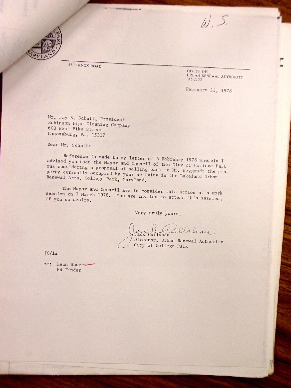 Letter to Mayor Reeves from Robinson Pipe Cleaning Co., enclosing a reply letter to Robinson Cleaning from Jack Callahan