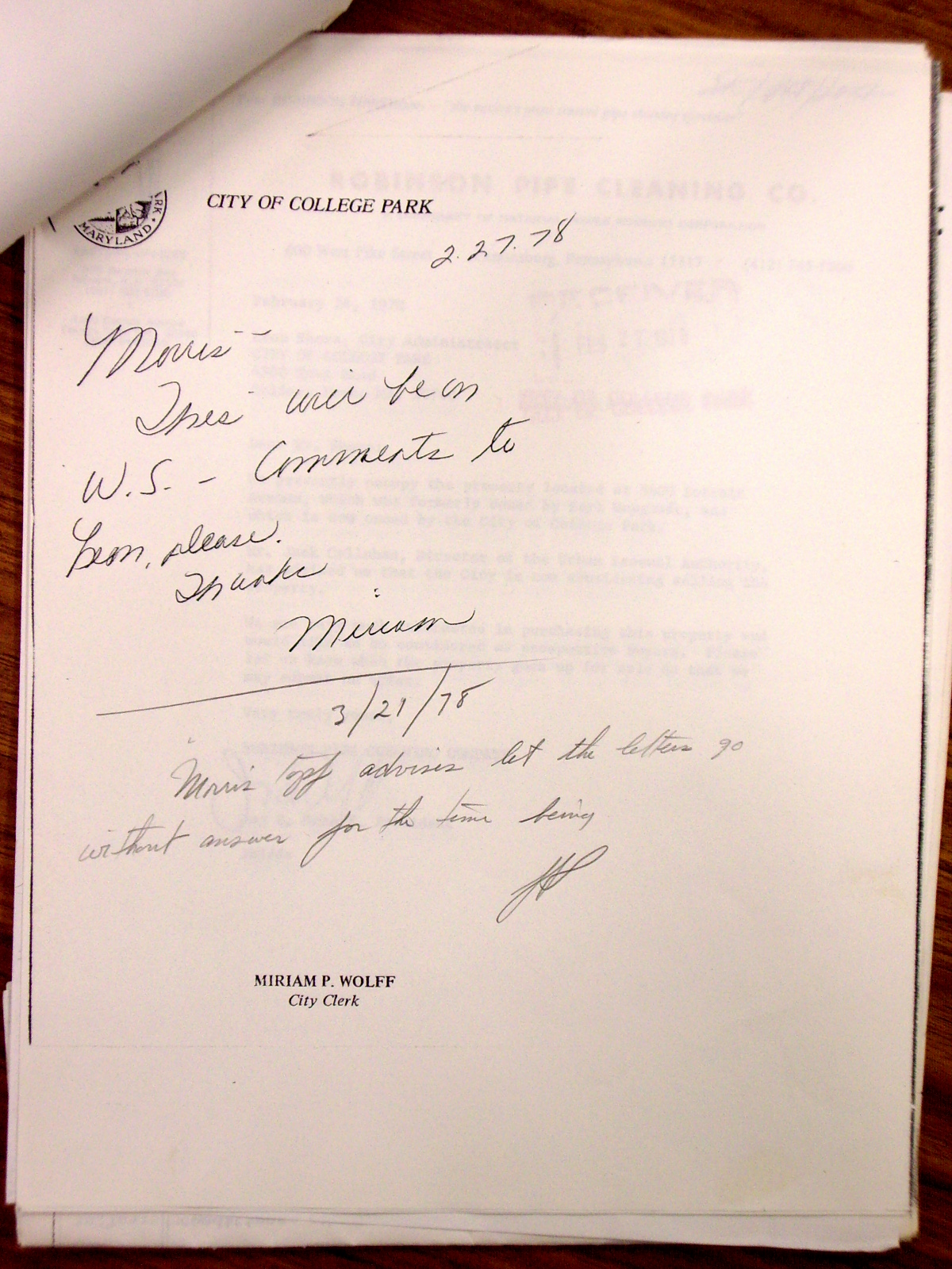 Hand written note from Miriam Wolff, with reply comment from Morris Topf to ignore Callahan letter; enclosing a letter to Mayor Reeves from Robinson Pipe Cleaning