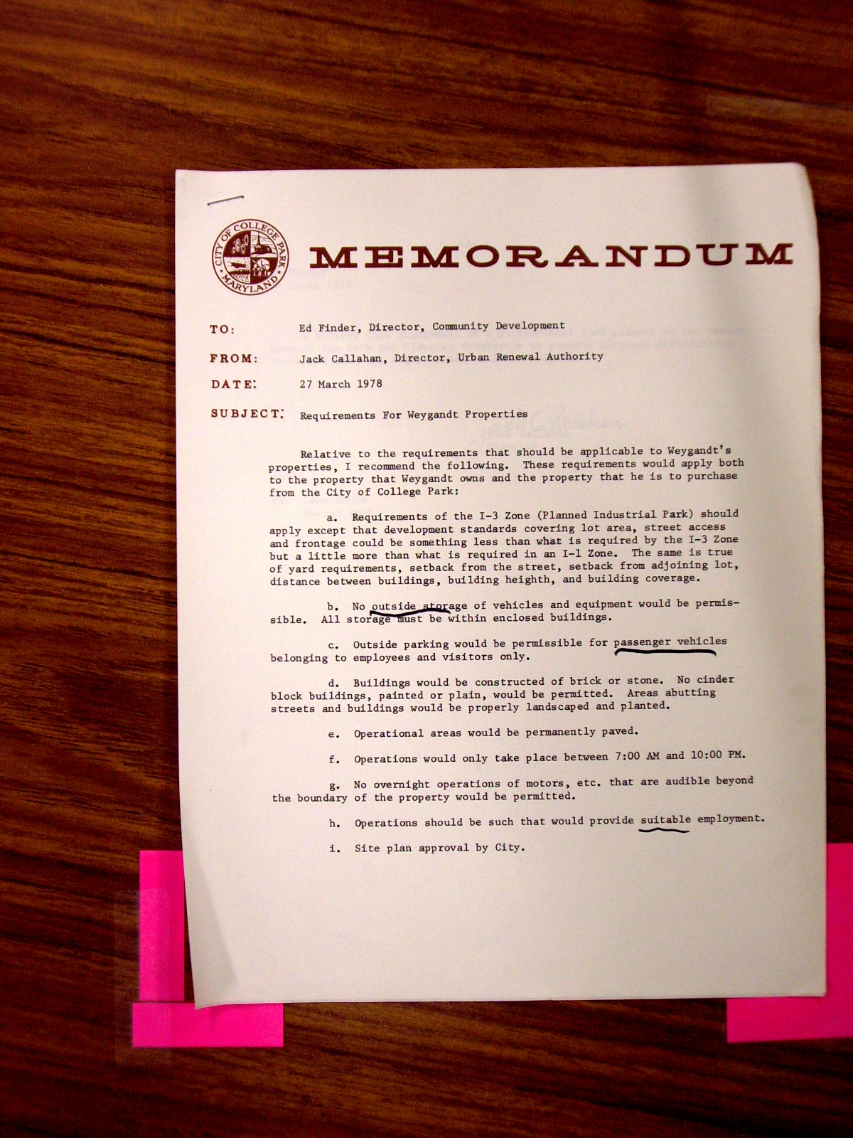Memorandum to Ed Finder from Jack Callahan, subject, Requirements for Weygandt Properties