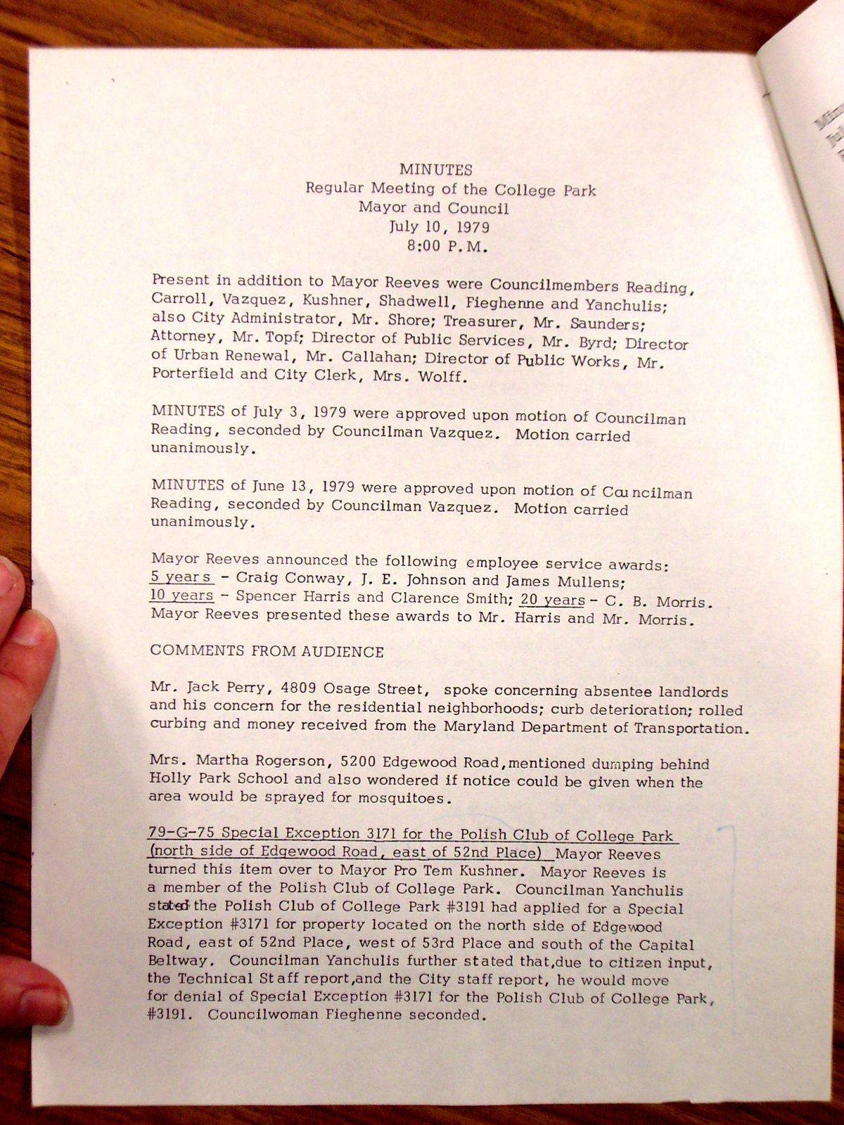 Minutes, Regular Meeting of the College Park Mayor and Council, July 10, 1979