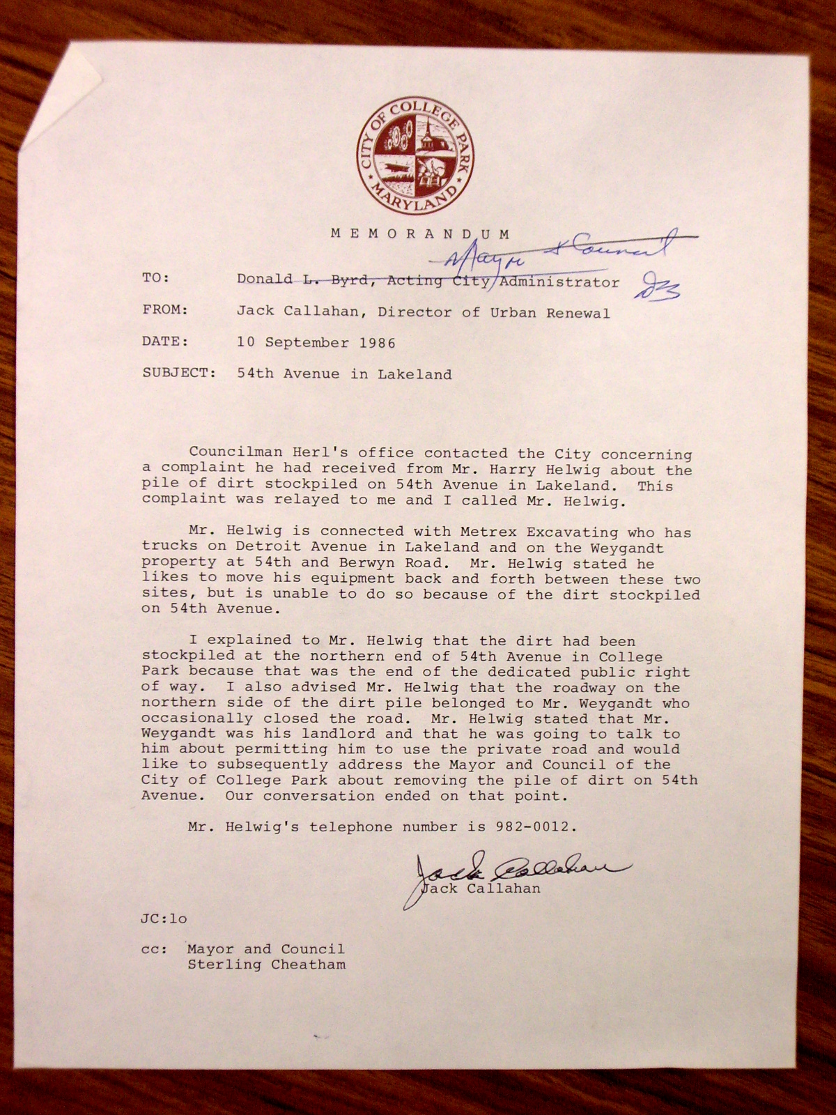 Memorandum to Donald Byrd from Jack Callahan