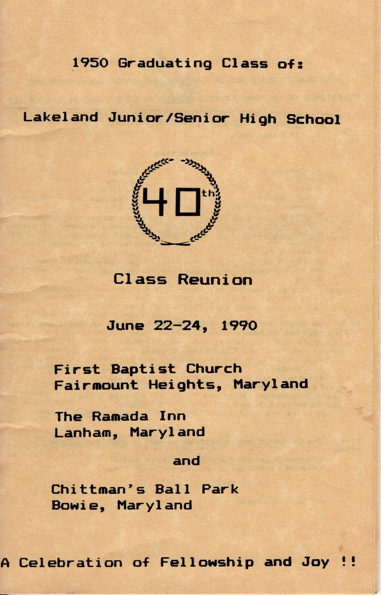 Lakeland Junior Senior High's Class of 1950's 40th reunion brochure.
