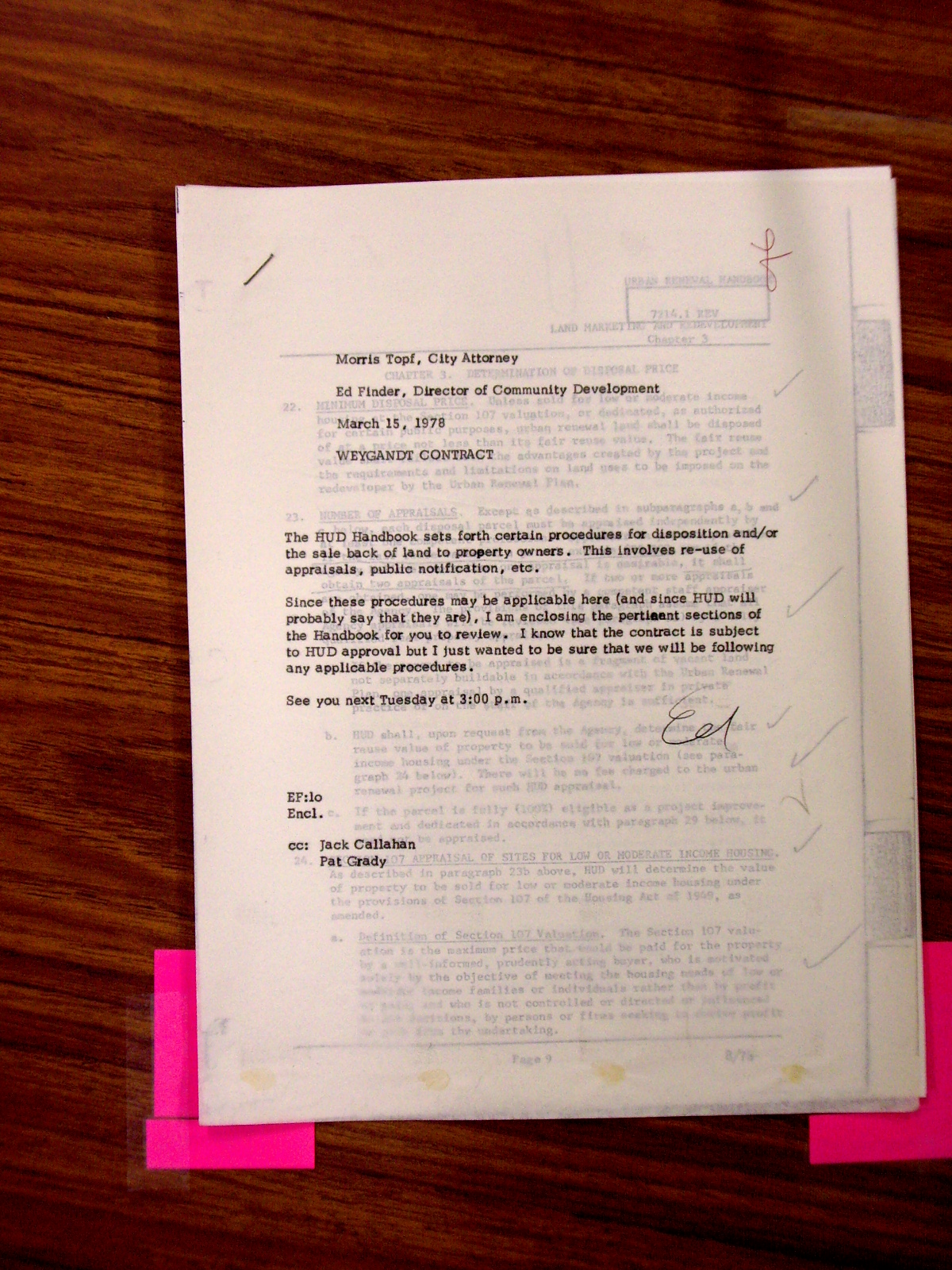 Memorandum to Morris Topf from Ed Finder, enclosing copies of HUD Handbook pages