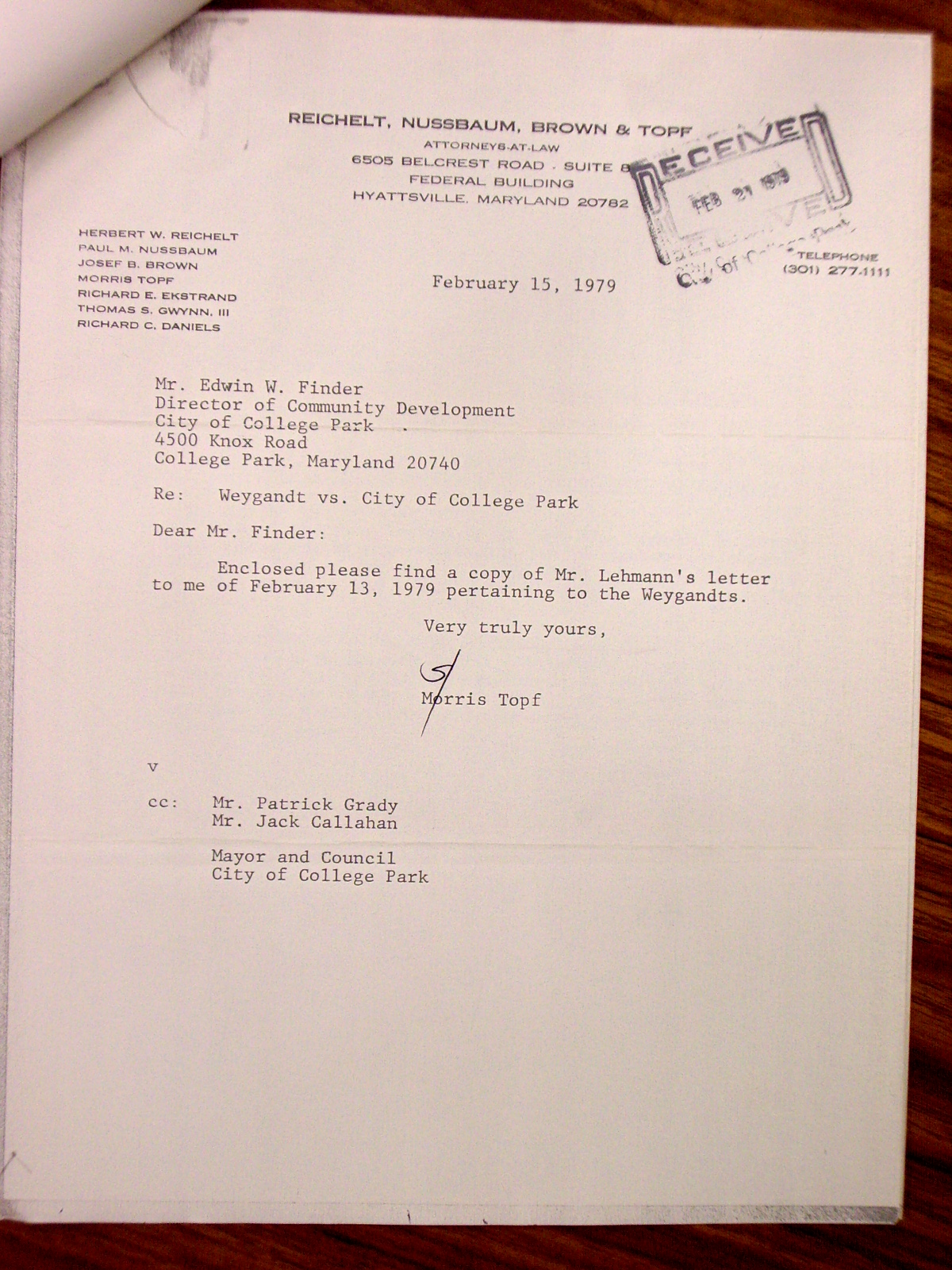 Letter from Morris Topf to Carl Harrison Lehmann, attached to a memo from Topf to Edwin Finder, enclosing an original letter from Lehmann to Topf