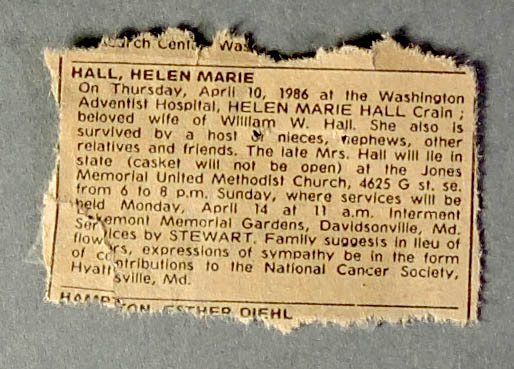 Newspaper obituary for Helen Marie Hall