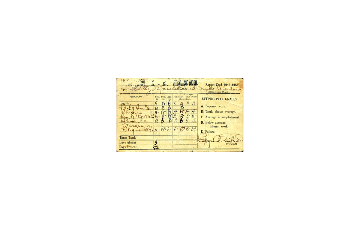 Betty Marshall's report card for the 1949-1950 school year.
