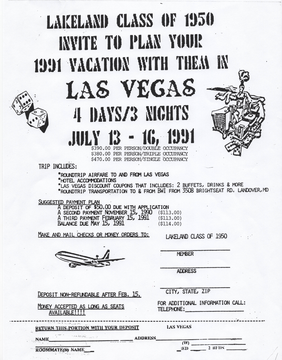 Lakeland High School Reunion Trip Flyer to Las Vegas in 1991