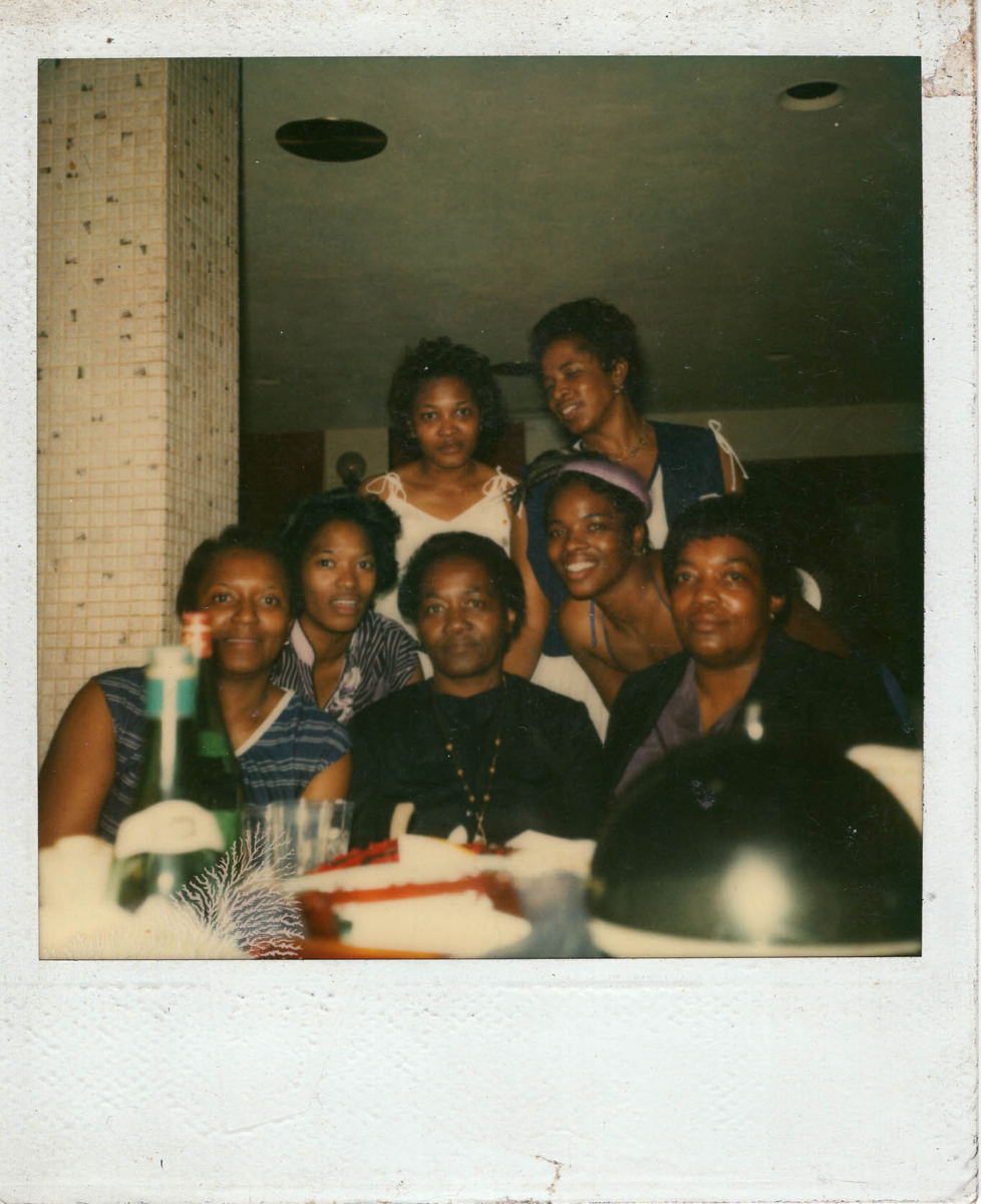 A polaroid - donor's grandmother's birthday party, her 60th birthday. L-r bottom row: Alice, Catherine, Rosa. L-r Top row: Ann and Helen Adams. Middle - Paullette.