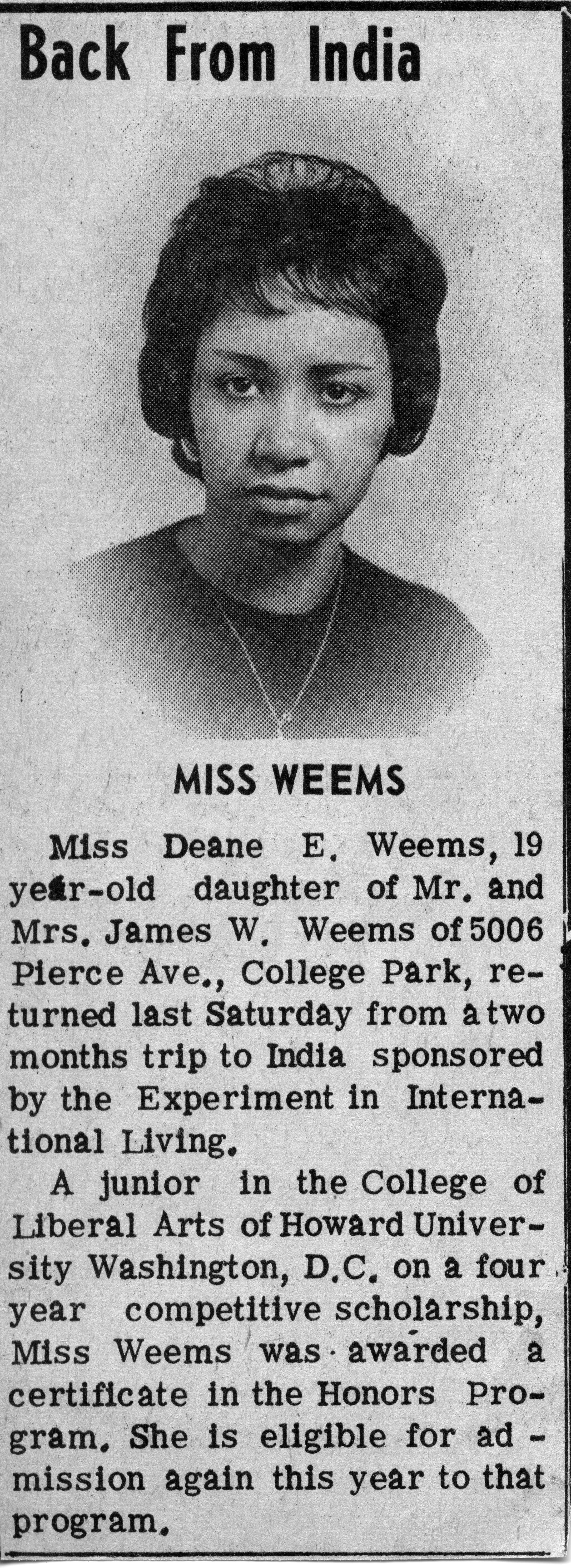 Newspaper clipping "Back From India" Diane Weems